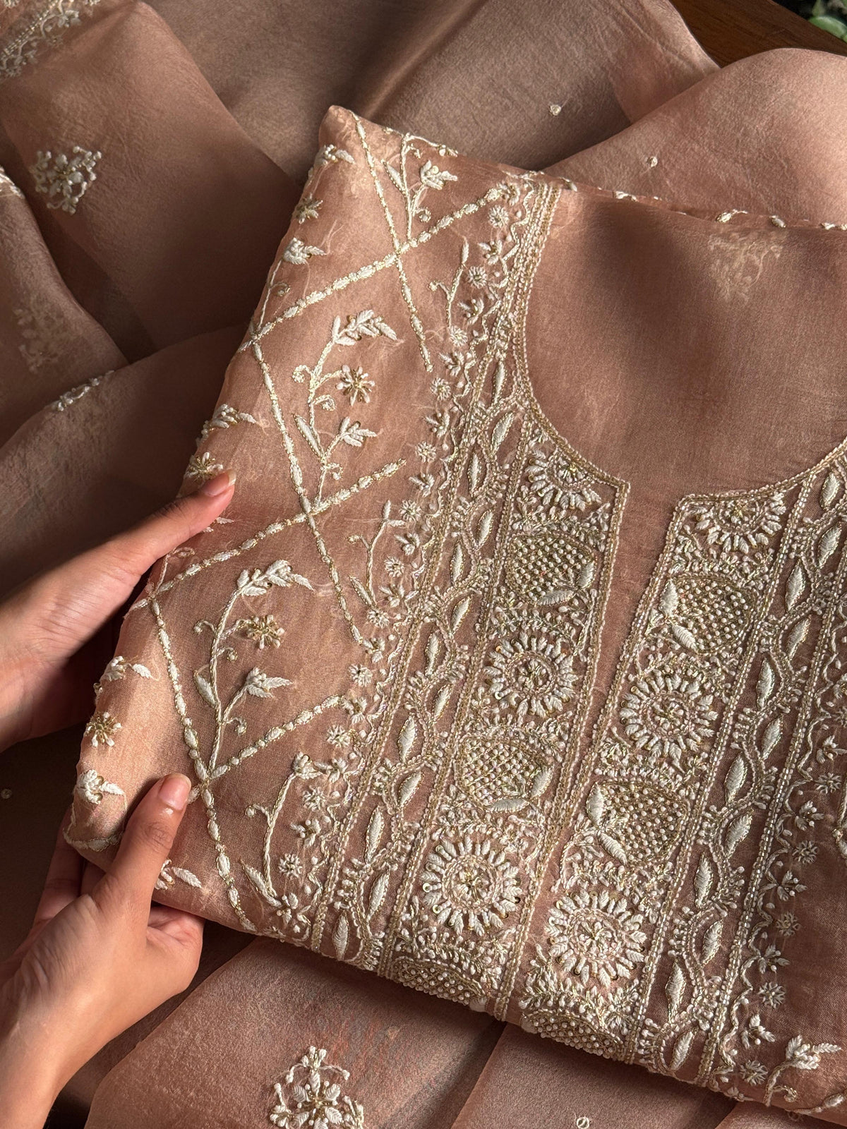 Almond Beige Shade Noor Organza Silk Chikankari Unstitched Kurta Dupatta Set