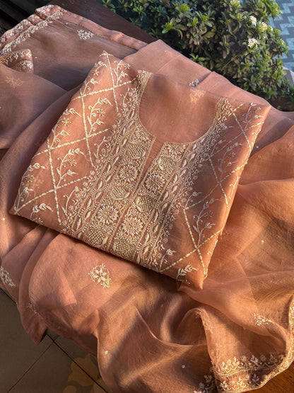 Almond Beige Shade Noor Organza Silk Chikankari Unstitched Kurta Dupatta Set