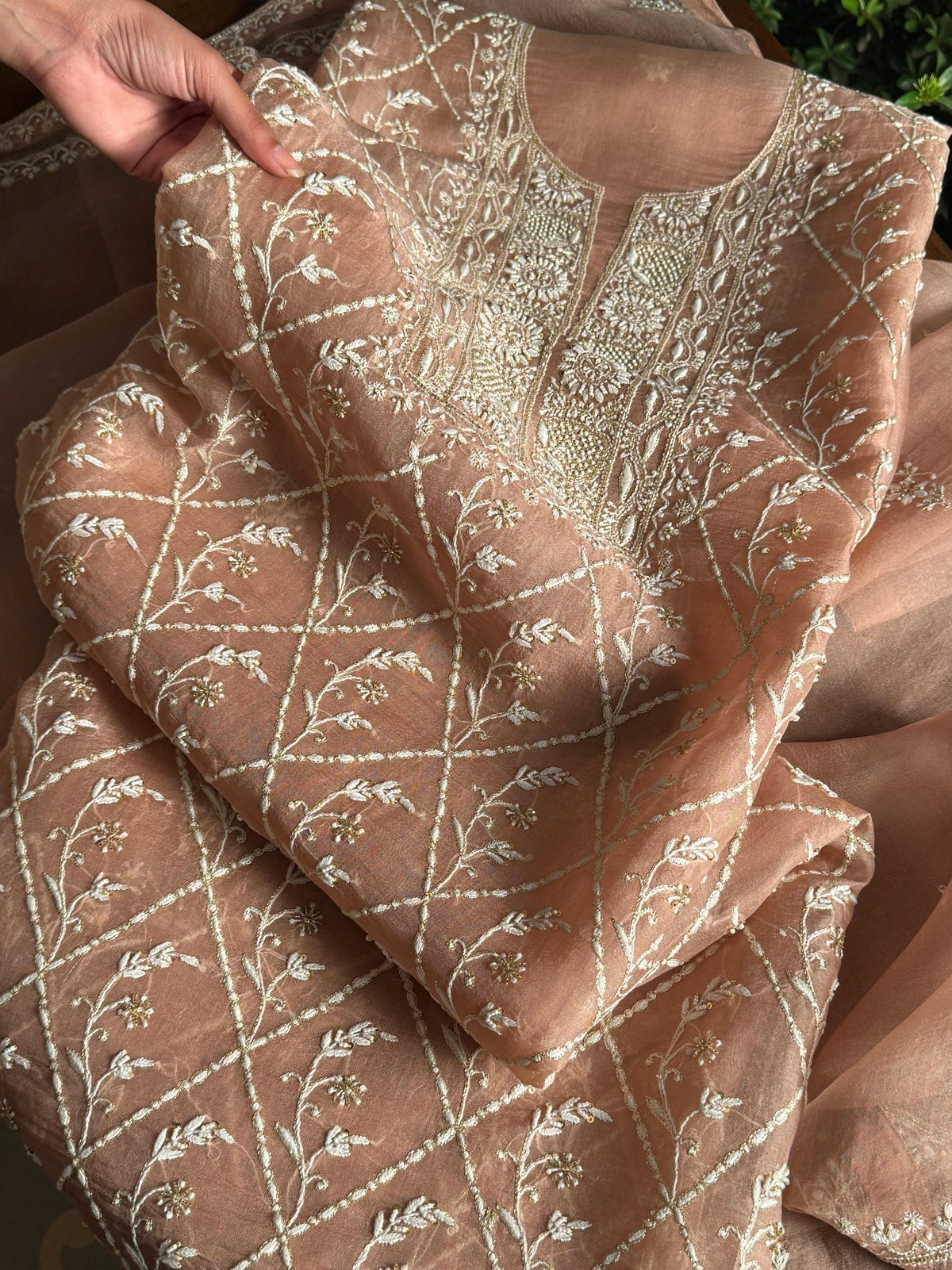 Almond Beige Shade Noor Organza Silk Chikankari Unstitched Kurta Dupatta Set