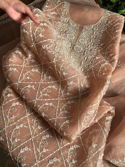 Almond Beige Shade Noor Organza Silk Chikankari Unstitched Kurta Dupatta Set
