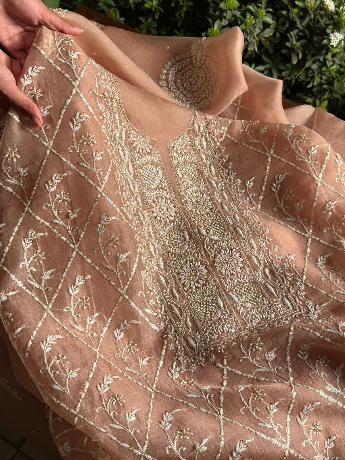 Almond Beige Shade Noor Organza Silk Chikankari Unstitched Kurta Dupatta Set
