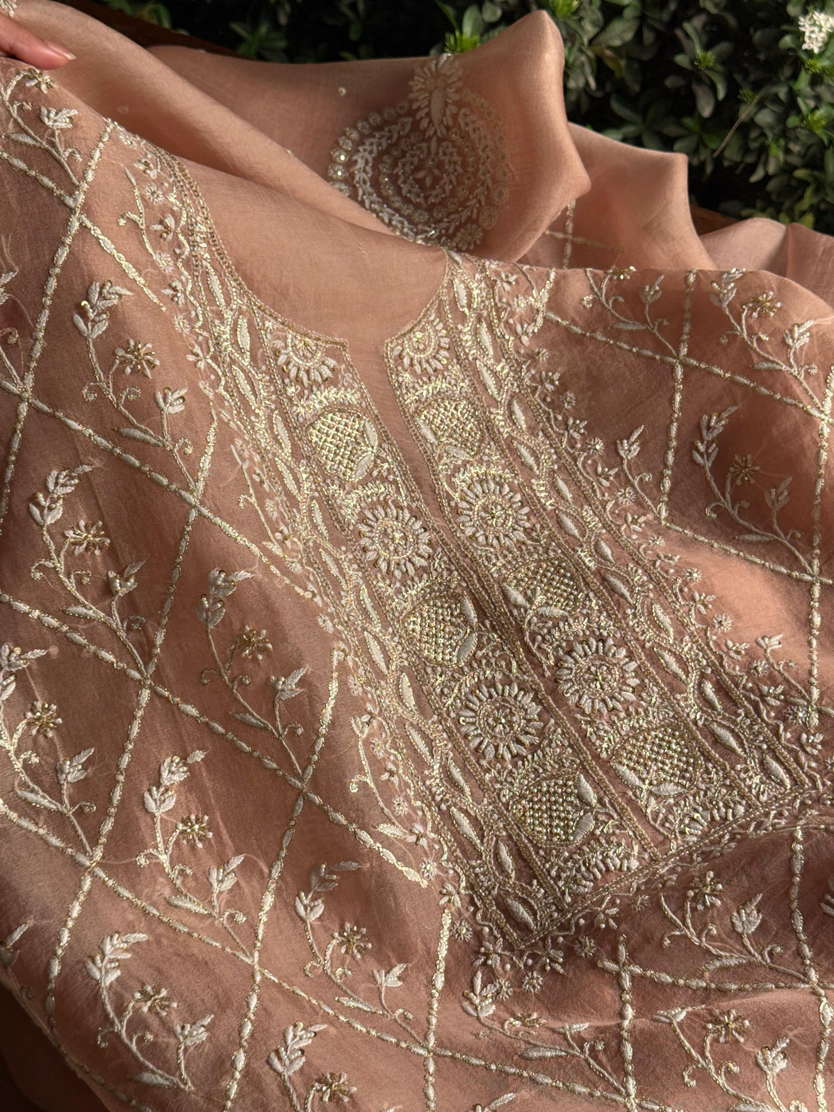 Almond Beige Shade Noor Organza Silk Chikankari Unstitched Kurta Dupatta Set