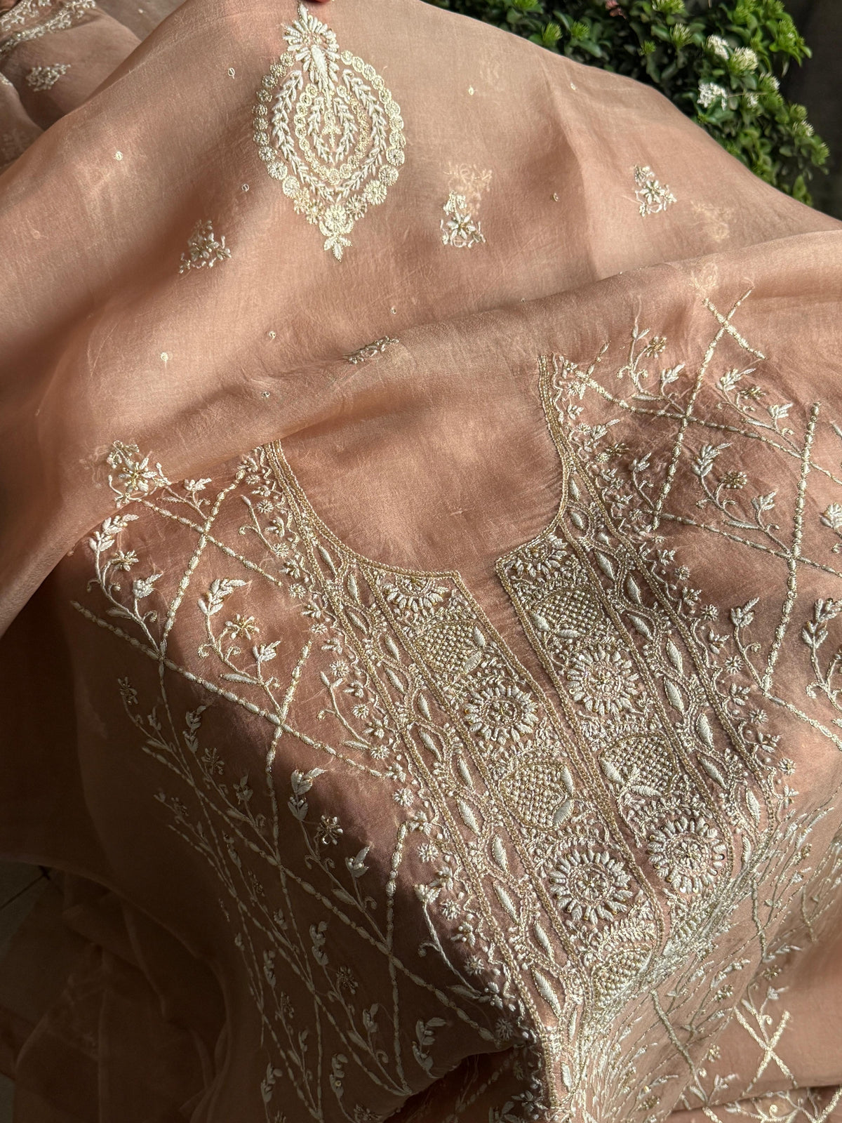 Almond Beige Shade Noor Organza Silk Chikankari Unstitched Kurta Dupatta Set