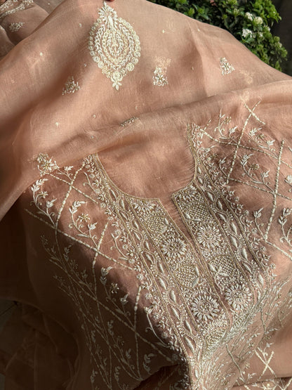 Almond Beige Shade Noor Organza Silk Chikankari Unstitched Kurta Dupatta Set