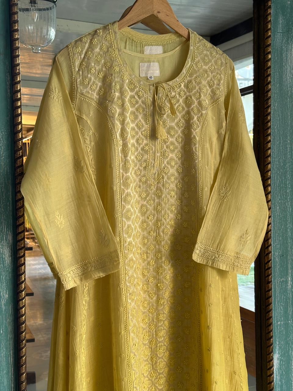 Light Yellow Zari Chanderi Chikankari Ready to Wear Tunics