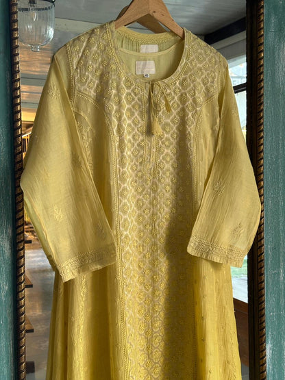 Light Yellow Zari Chanderi Chikankari Ready to Wear Tunics
