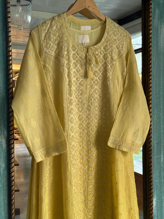 Light Yellow Zari Chanderi Chikankari Ready to Wear Tunics