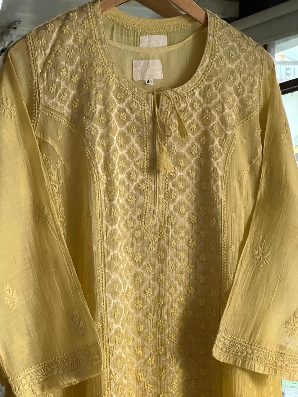 Light Yellow Zari Chanderi Chikankari Ready to Wear Tunics
