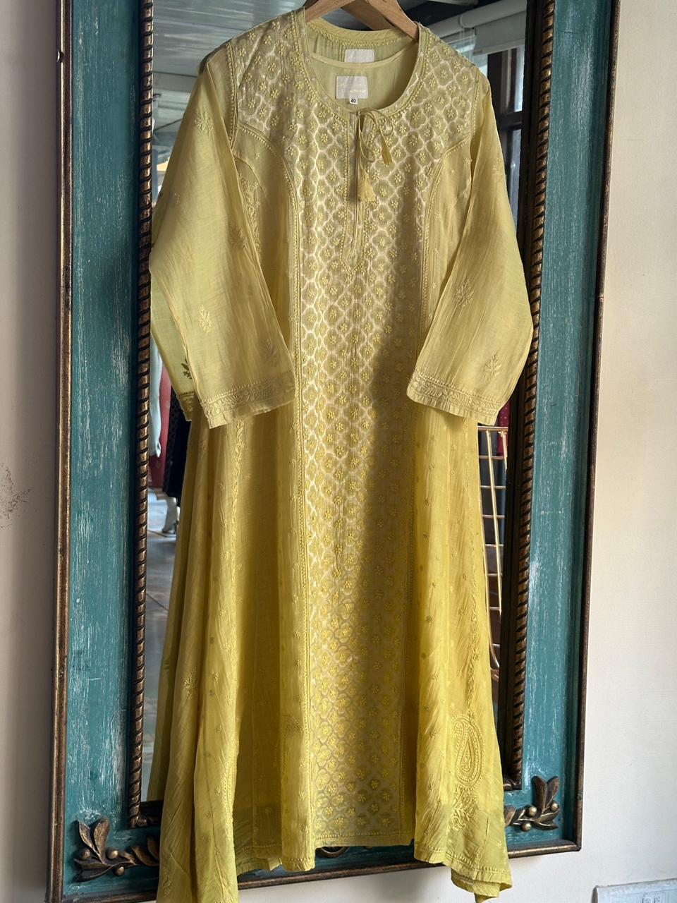 Light Yellow Zari Chanderi Chikankari Ready to Wear Tunics