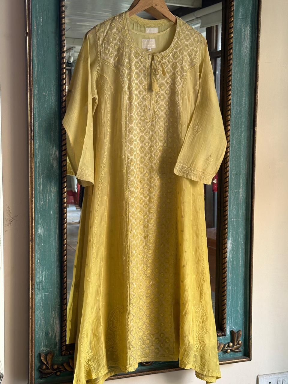 Light Yellow Zari Chanderi Chikankari Ready to Wear Tunics