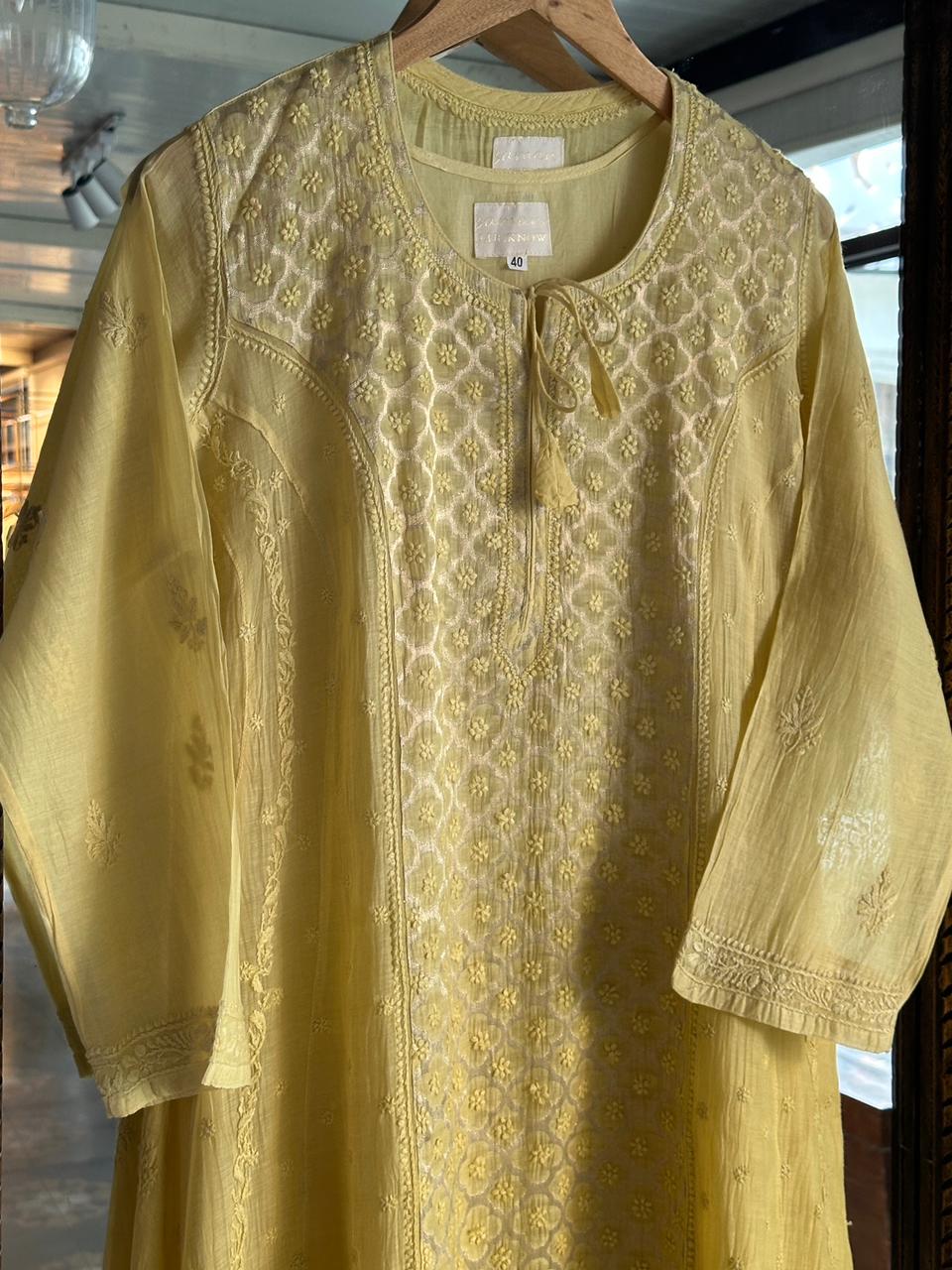 Light Yellow Zari Chanderi Chikankari Ready to Wear Tunics