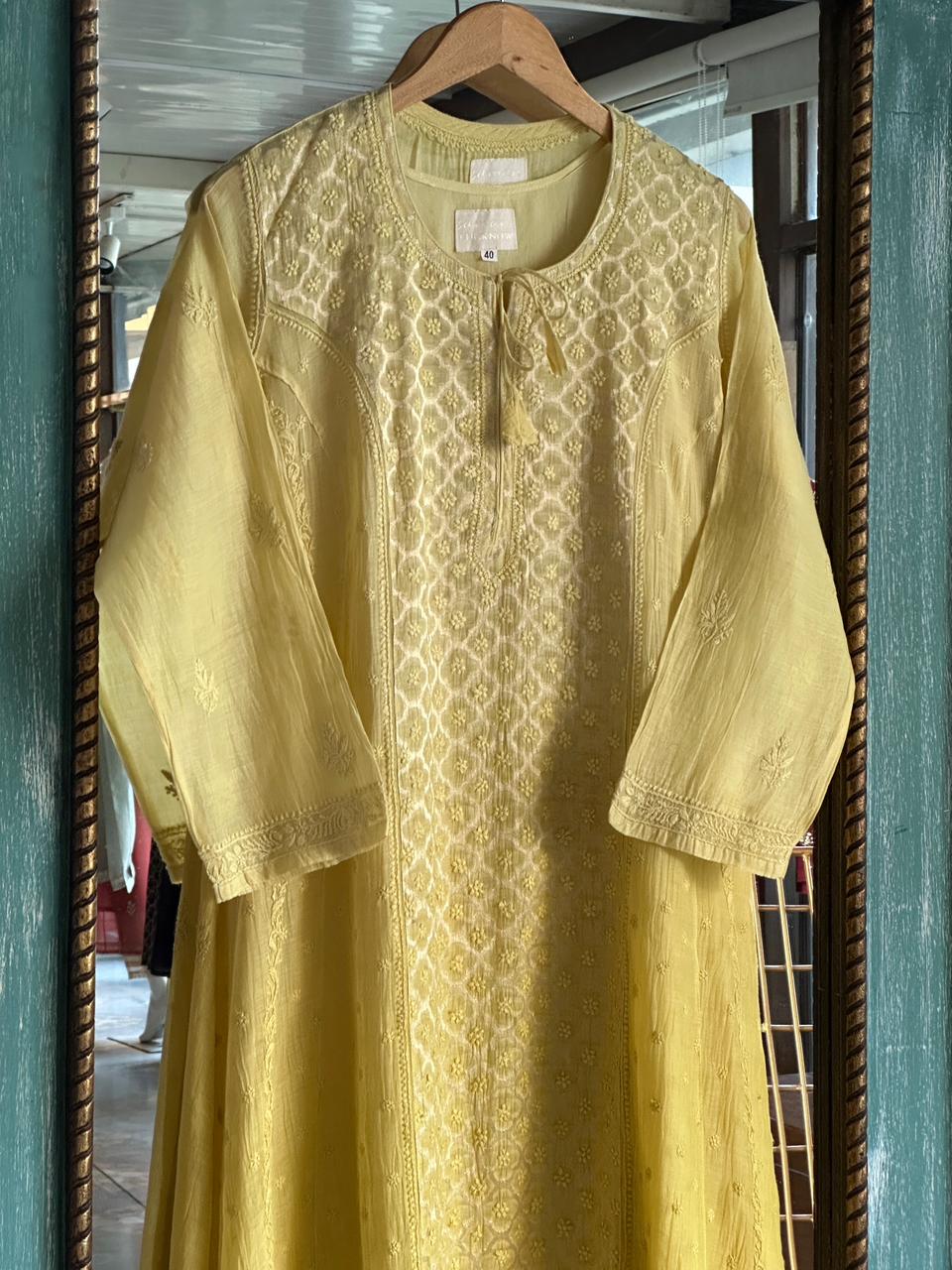 Light Yellow Zari Chanderi Chikankari Ready to Wear Tunics