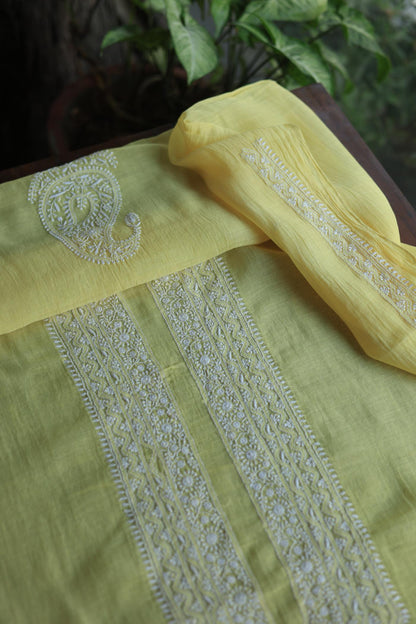 Pastel Yellow Mulmul Chikankari Unstitched Men's Kurtas Fabric