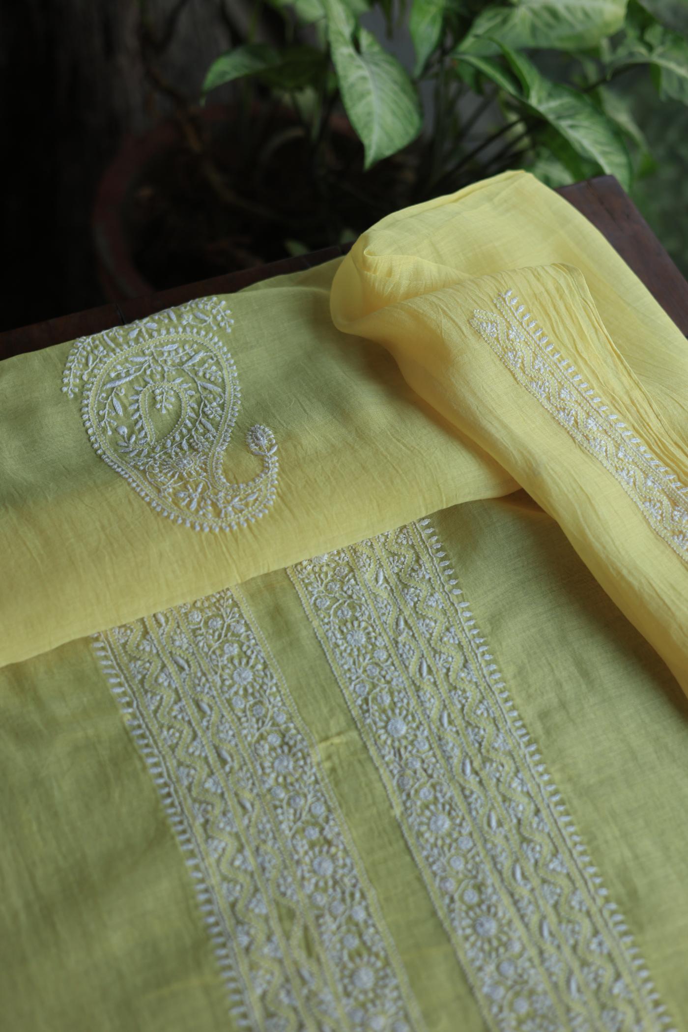 Pastel Yellow Mulmul Chikankari Unstitched Men's Kurtas Fabric
