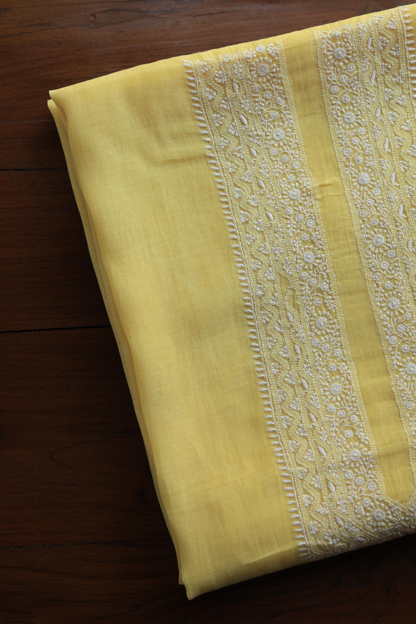 Pastel Yellow Mulmul Chikankari Unstitched Men's Kurtas Fabric
