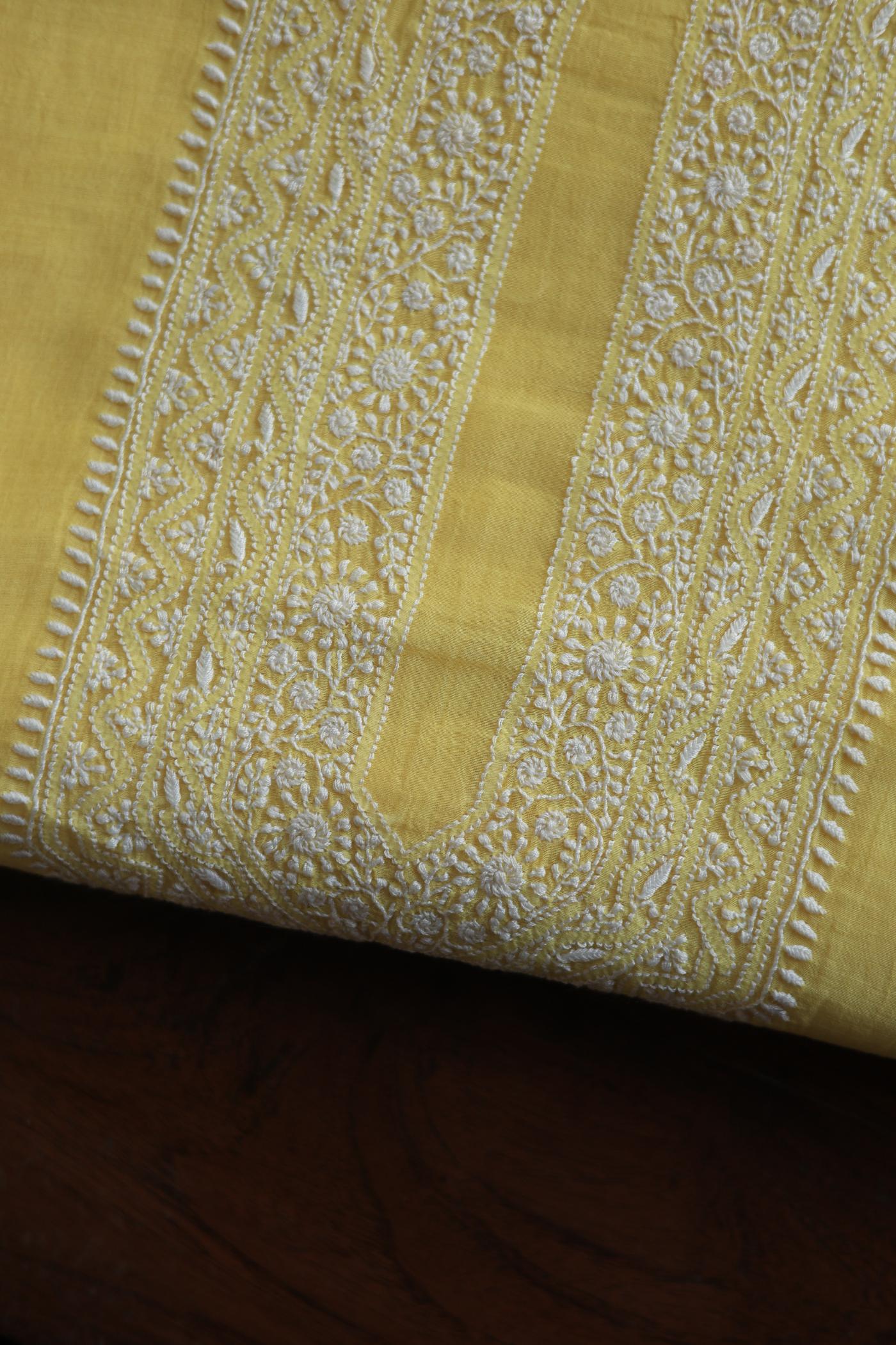 Pastel Yellow Mulmul Chikankari Unstitched Men's Kurtas Fabric