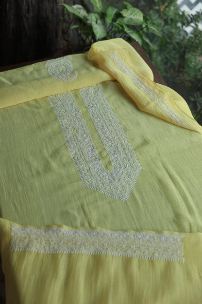 Pastel Yellow Mulmul Chikankari Unstitched Men's Kurtas Fabric