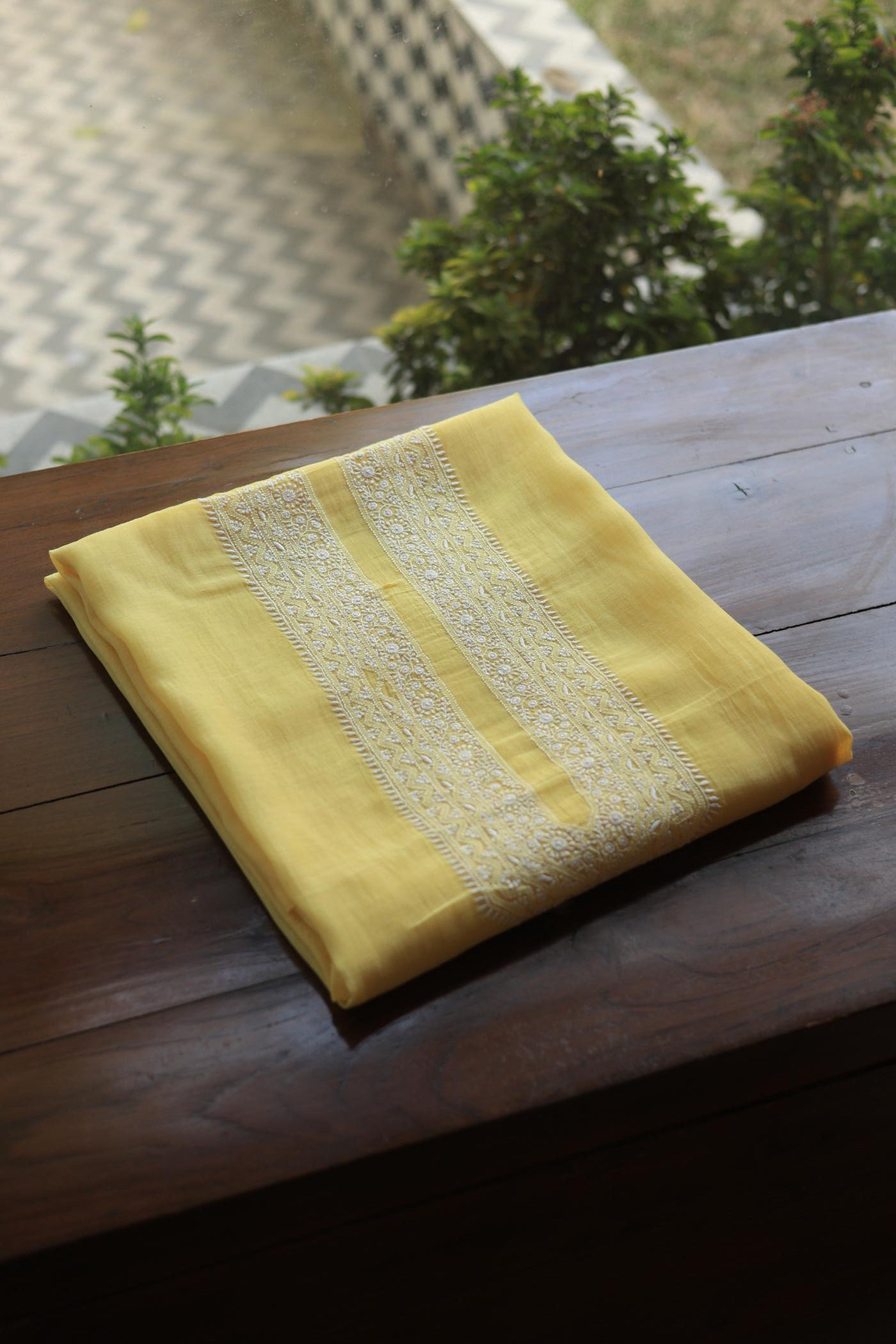 Pastel Yellow Mulmul Chikankari Unstitched Men's Kurtas Fabric