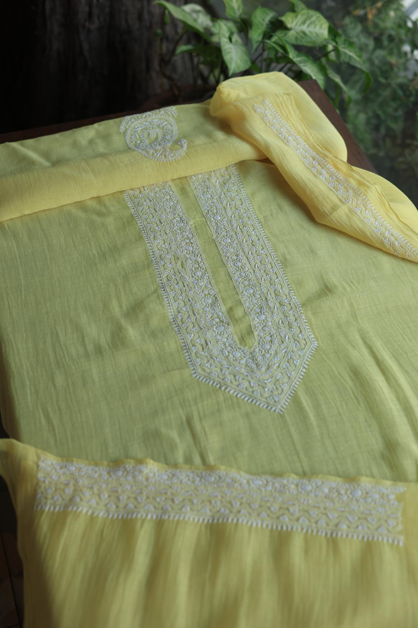Pastel Yellow Mulmul Chikankari Unstitched Men's Kurtas Fabric