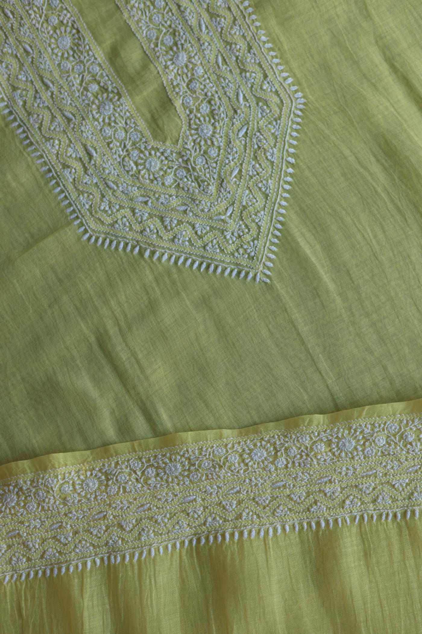 Pastel Yellow Mulmul Chikankari Unstitched Men's Kurtas Fabric