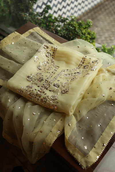 Light Yellow Shade Noor Organza Silk Badla Unstitched Kurta Dupatta Set