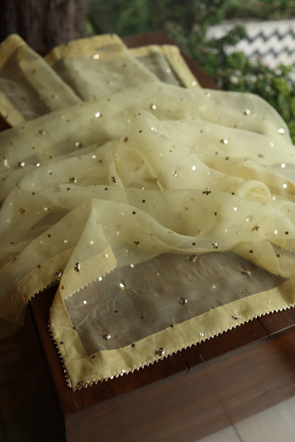 Light Yellow Shade Noor Organza Silk Badla Unstitched Kurta Dupatta Set