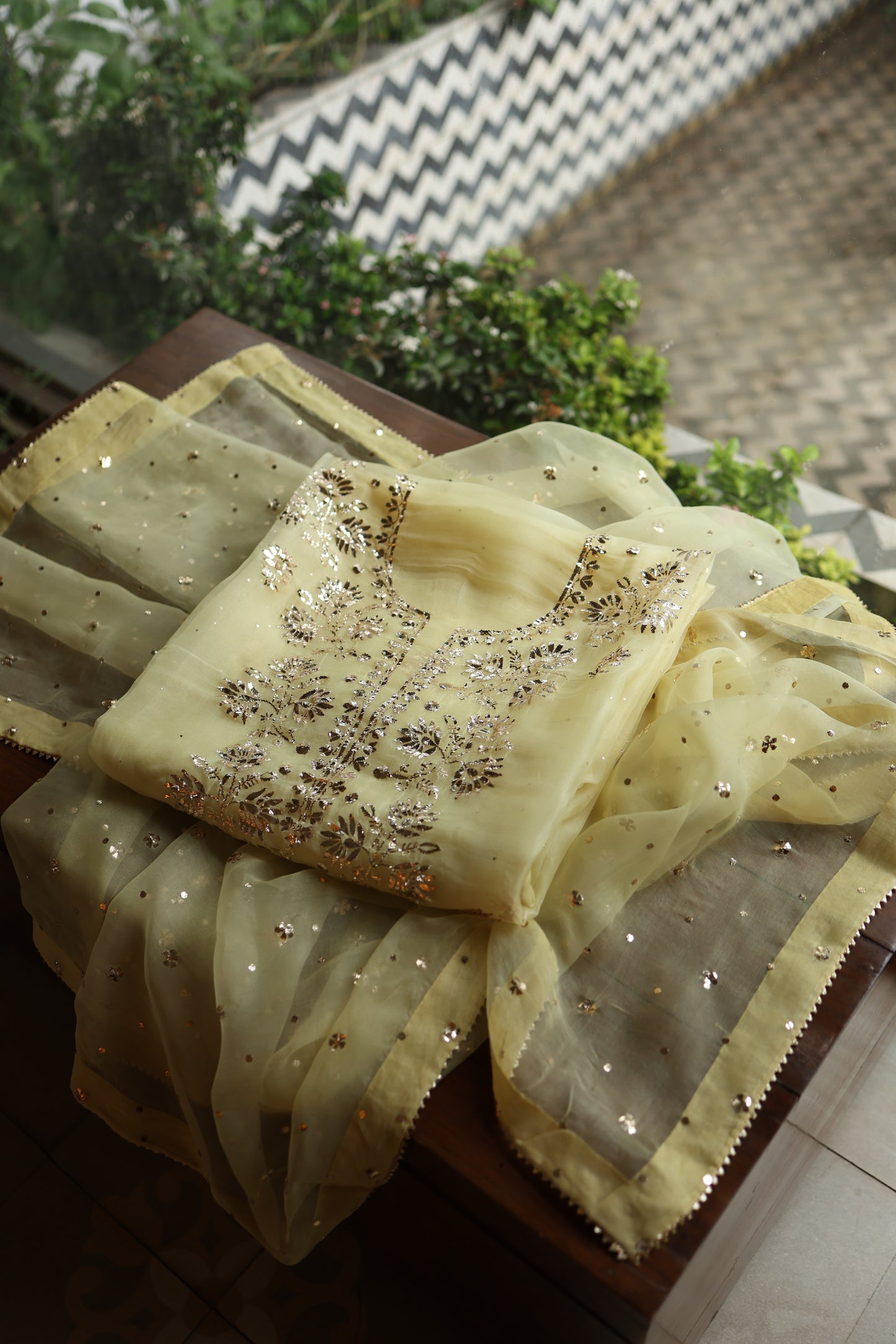 Light Yellow Shade Noor Organza Silk Badla Unstitched Kurta Dupatta Set