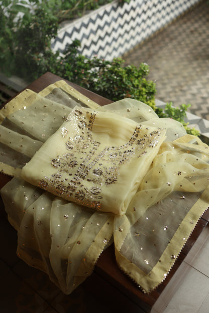Light Yellow Shade Noor Organza Silk Badla Unstitched Kurta Dupatta Set
