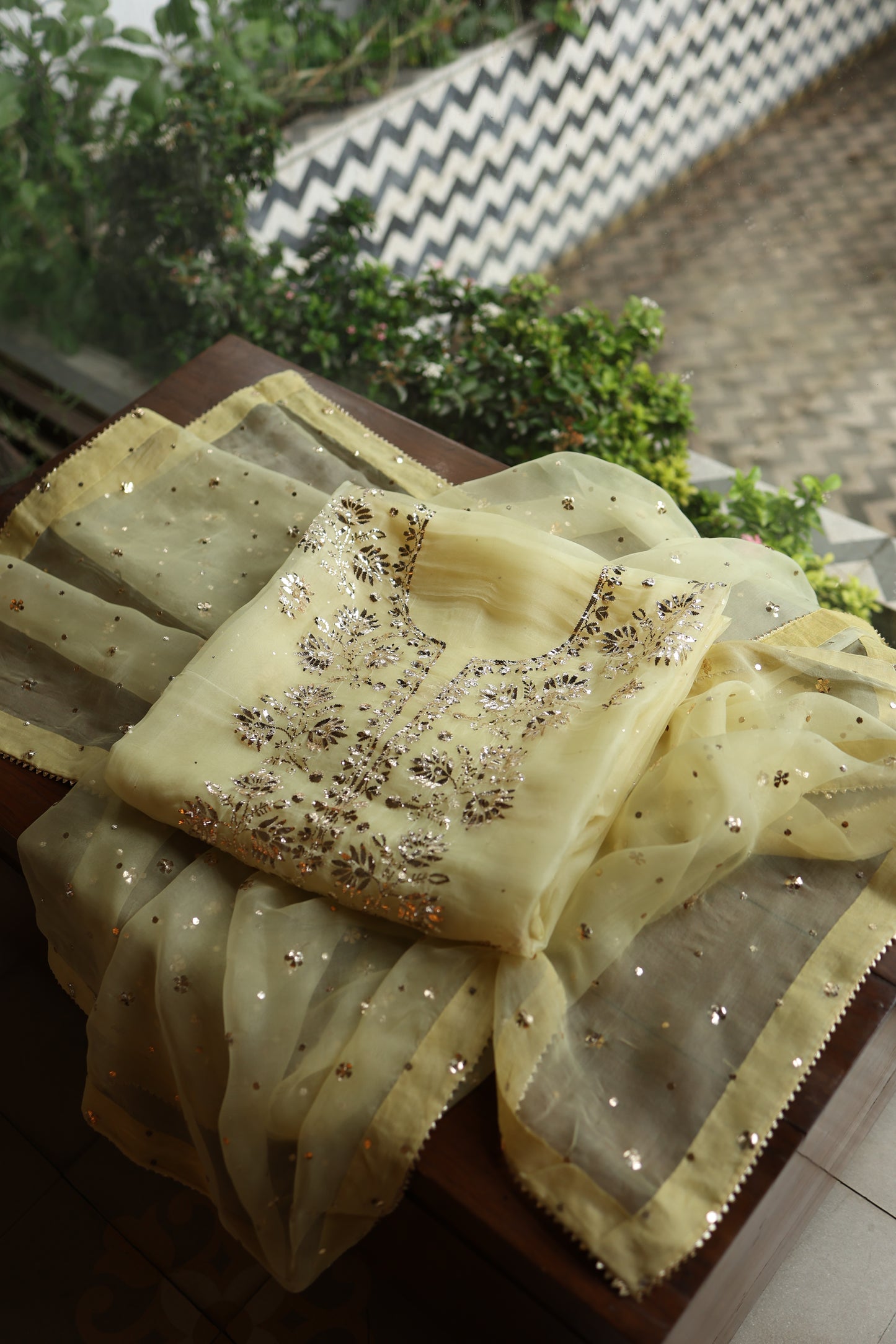 Light Yellow Shade Noor Organza Silk Badla Unstitched Kurta Dupatta Set