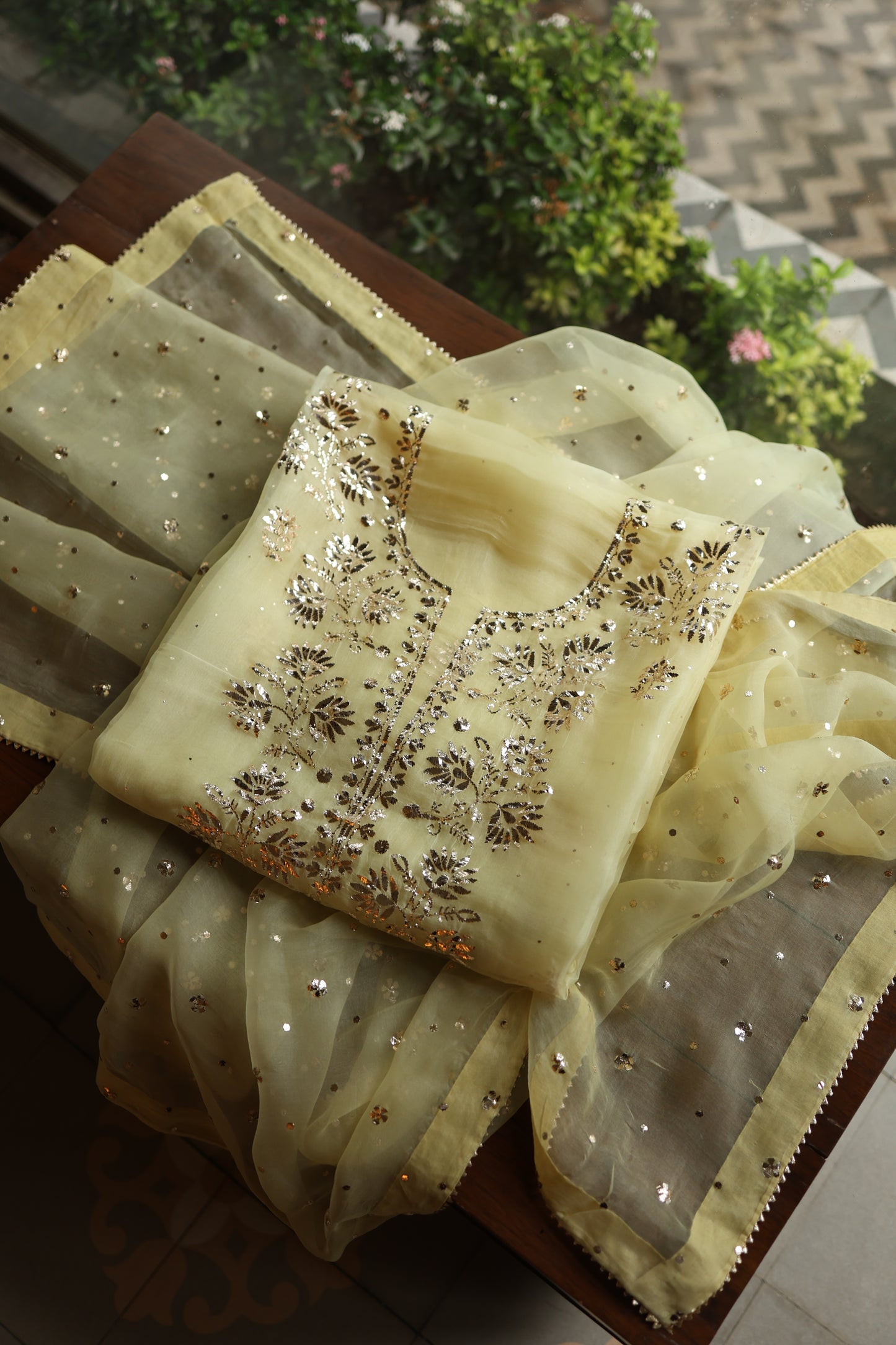 Light Yellow Shade Noor Organza Silk Badla Unstitched Kurta Dupatta Set