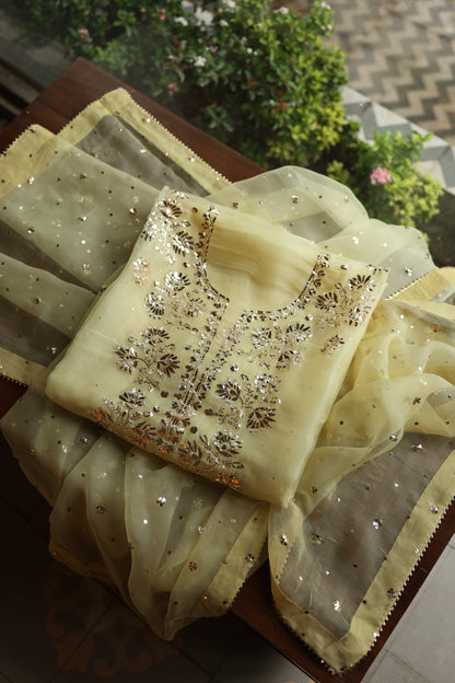 Light Yellow Shade Noor Organza Silk Badla Unstitched Kurta Dupatta Set