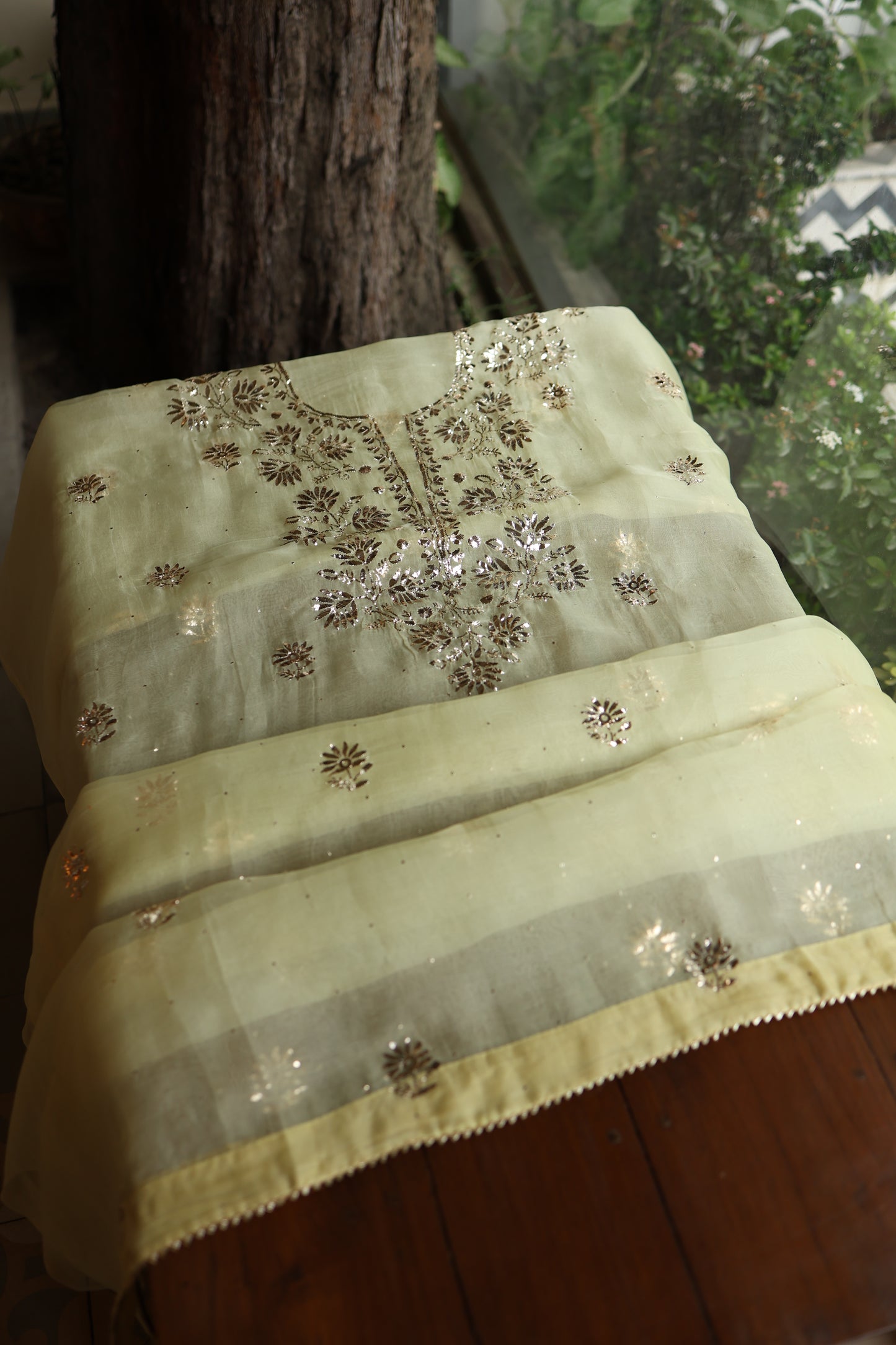 Light Yellow Shade Noor Organza Silk Badla Unstitched Kurta Dupatta Set