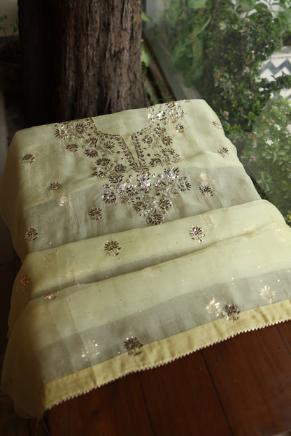 Light Yellow Shade Noor Organza Silk Badla Unstitched Kurta Dupatta Set