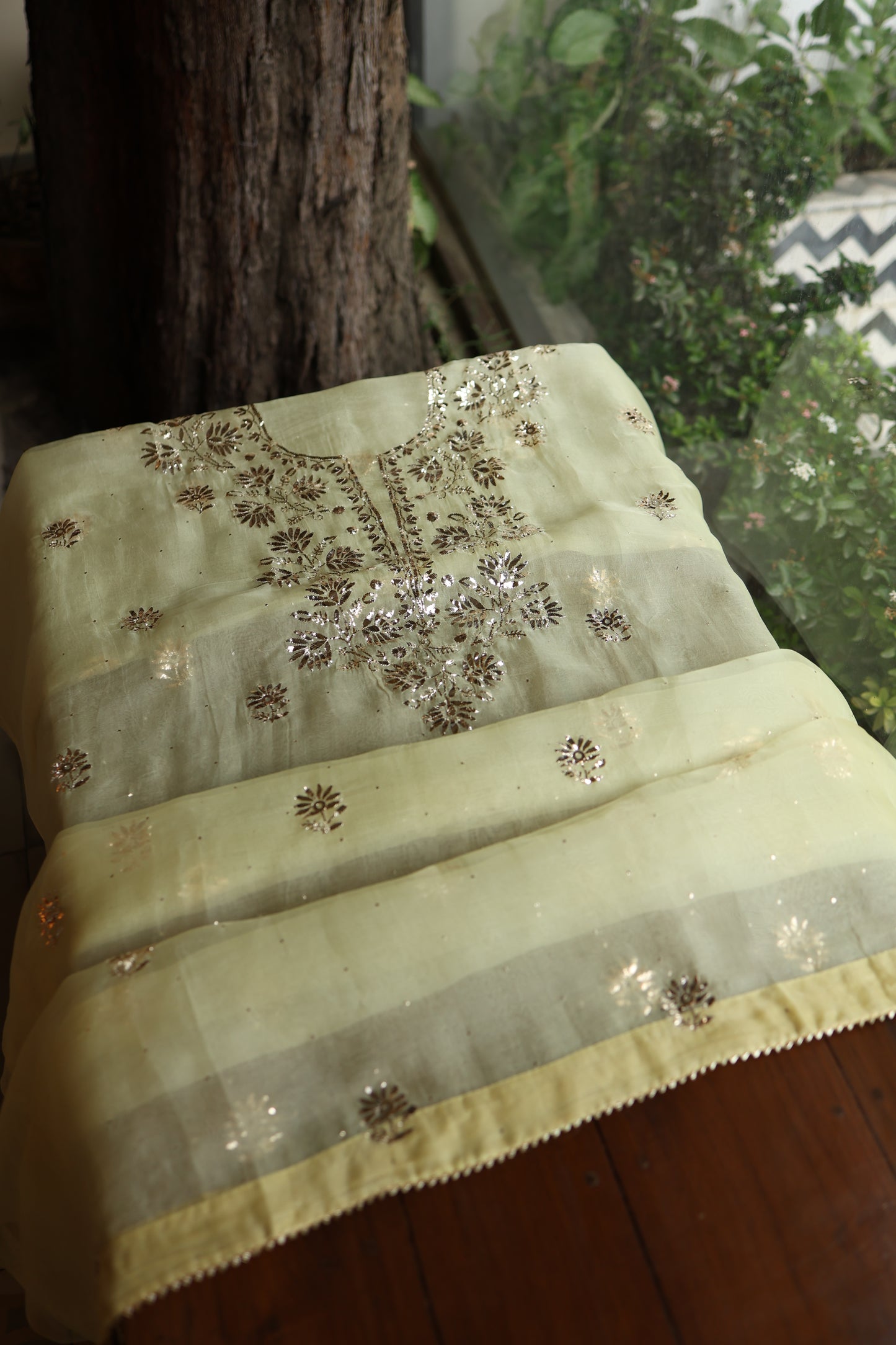Light Yellow Shade Noor Organza Silk Badla Unstitched Kurta Dupatta Set