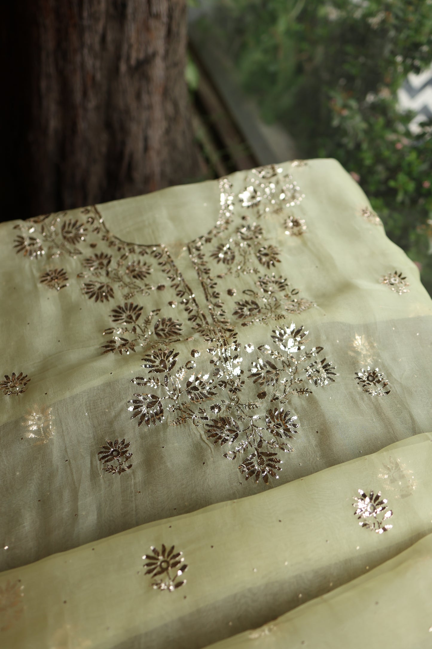 Light Yellow Shade Noor Organza Silk Badla Unstitched Kurta Dupatta Set