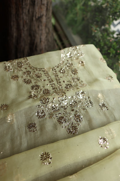 Light Yellow Shade Noor Organza Silk Badla Unstitched Kurta Dupatta Set