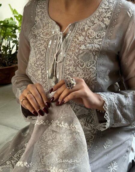 Lilac Grey Chikankari x Applique Organza Kurta Set