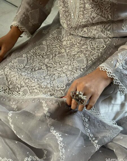 Lilac Grey Chikankari x Applique Organza Kurta Set