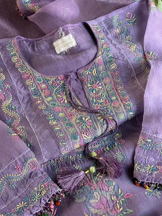 Lilac Purple Multi Coloured Semi Stitched Noor Organza Resham Chikankari Kurta Set