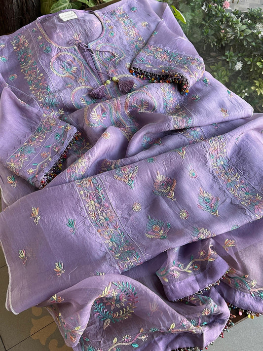 Lilac Purple Shade Multi Coloured Semi Stitched Noor Organza Resham Chikankari Kurta Set
