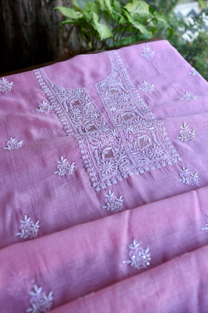 Lilac Pink Shade Mal Cotton Fine Chikankari Unstitched Fabric