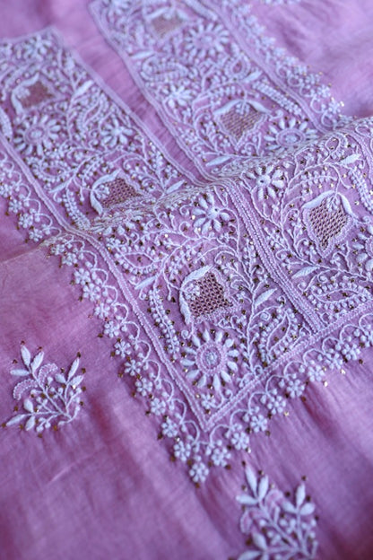 Lilac Pink Shade Mal Cotton Fine Chikankari Unstitched Fabric