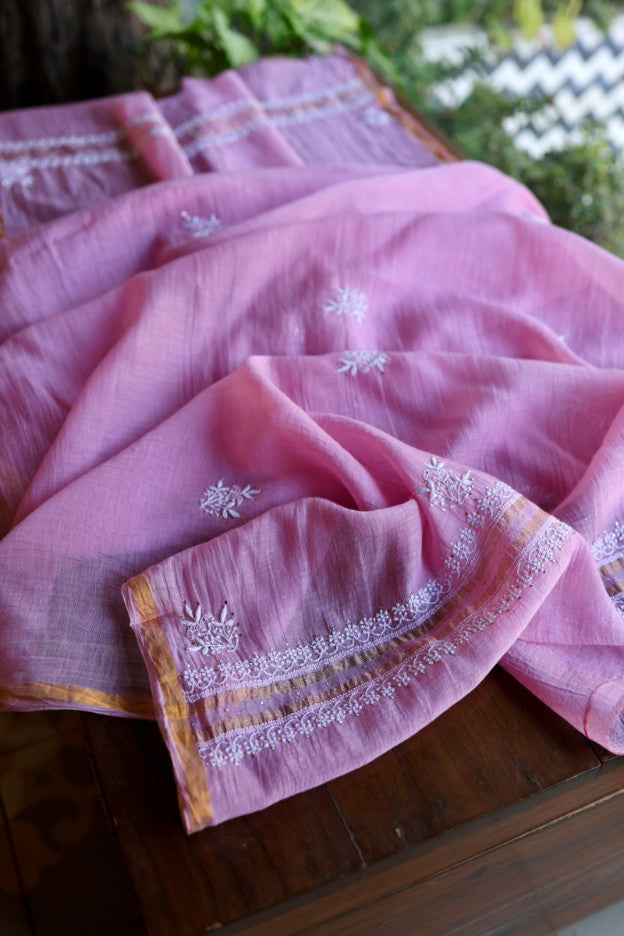 Lilac Pink Shade Mal Cotton Fine Chikankari Unstitched Fabric