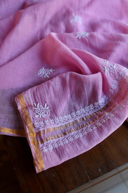 Lilac Pink Shade Mal Cotton Fine Chikankari Unstitched Fabric