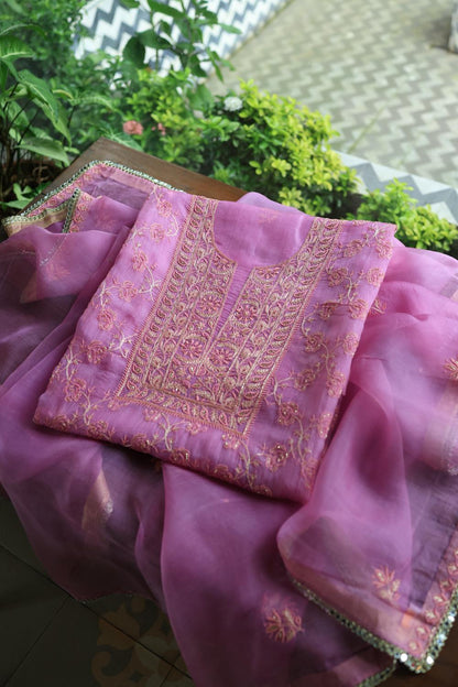 Lilac Shade Noor Organza Silk Chikankari Unstitched Kurta Dupatta Set