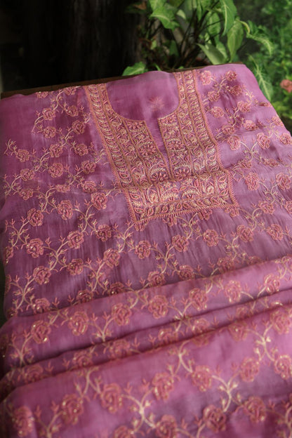 Lilac Shade Noor Organza Silk Chikankari Unstitched Kurta Dupatta Set