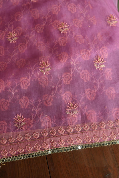 Lilac Shade Noor Organza Silk Chikankari Unstitched Kurta Dupatta Set