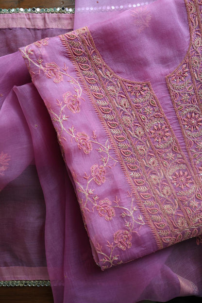 Lilac Shade Noor Organza Silk Chikankari Unstitched Kurta Dupatta Set