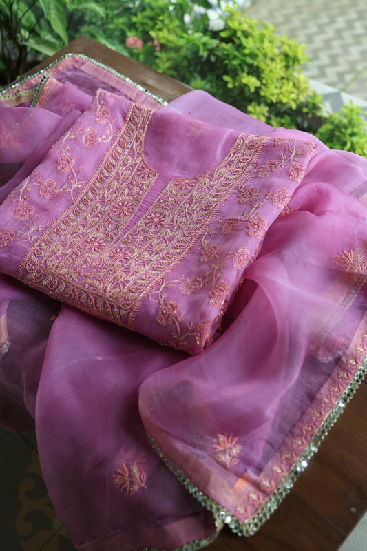 Lilac Shade Noor Organza Silk Chikankari Unstitched Kurta Dupatta Set