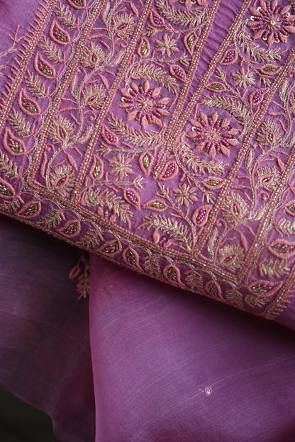 Lilac Shade Noor Organza Silk Chikankari Unstitched Kurta Dupatta Set